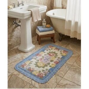 Vintage Floral Bath Rug Blue Fringe Shabby Chic Cottagecore Rose Bath Mat 32x19